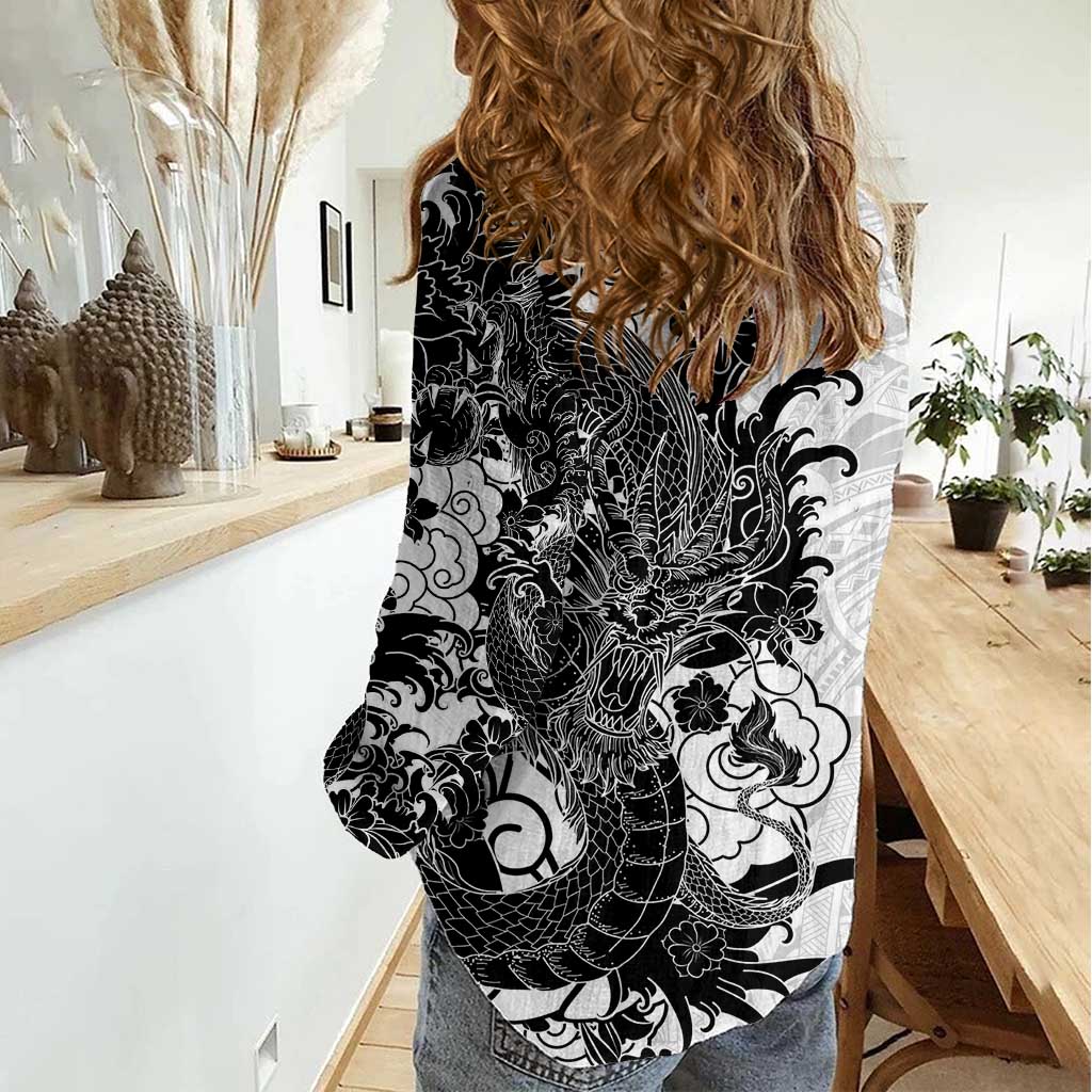 Hawaiian And Japanese Culture Women Casual Shirt Irezumi Dragon With Polynesian Pattern White LT05 - Polynesian Pride