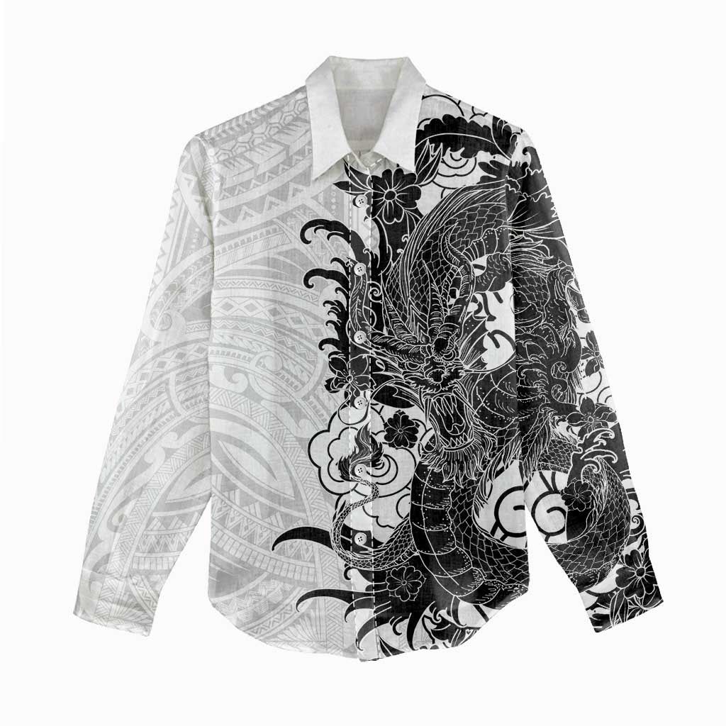 Hawaiian And Japanese Culture Women Casual Shirt Irezumi Dragon With Polynesian Pattern White LT05 - Polynesian Pride