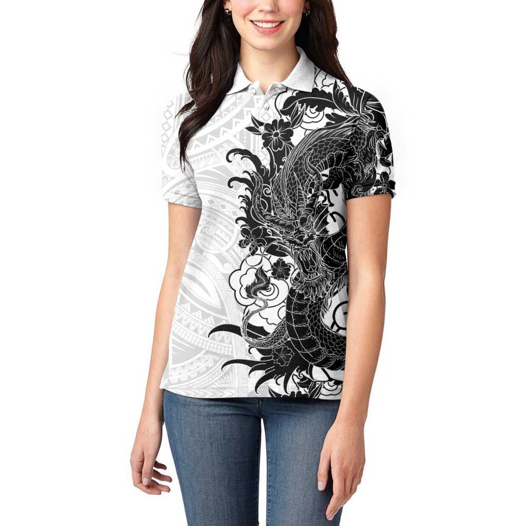 Hawaiian And Japanese Culture Women Polo Shirt Irezumi Dragon With Polynesian Pattern White LT05 - Polynesian Pride
