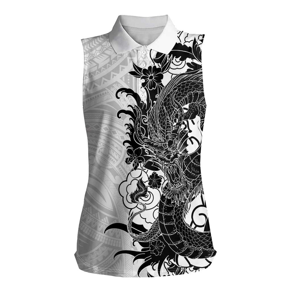 Hawaiian And Japanese Culture Women Sleeveless Polo Shirt Irezumi Dragon With Polynesian Pattern White LT05 Female White - Polynesian Pride