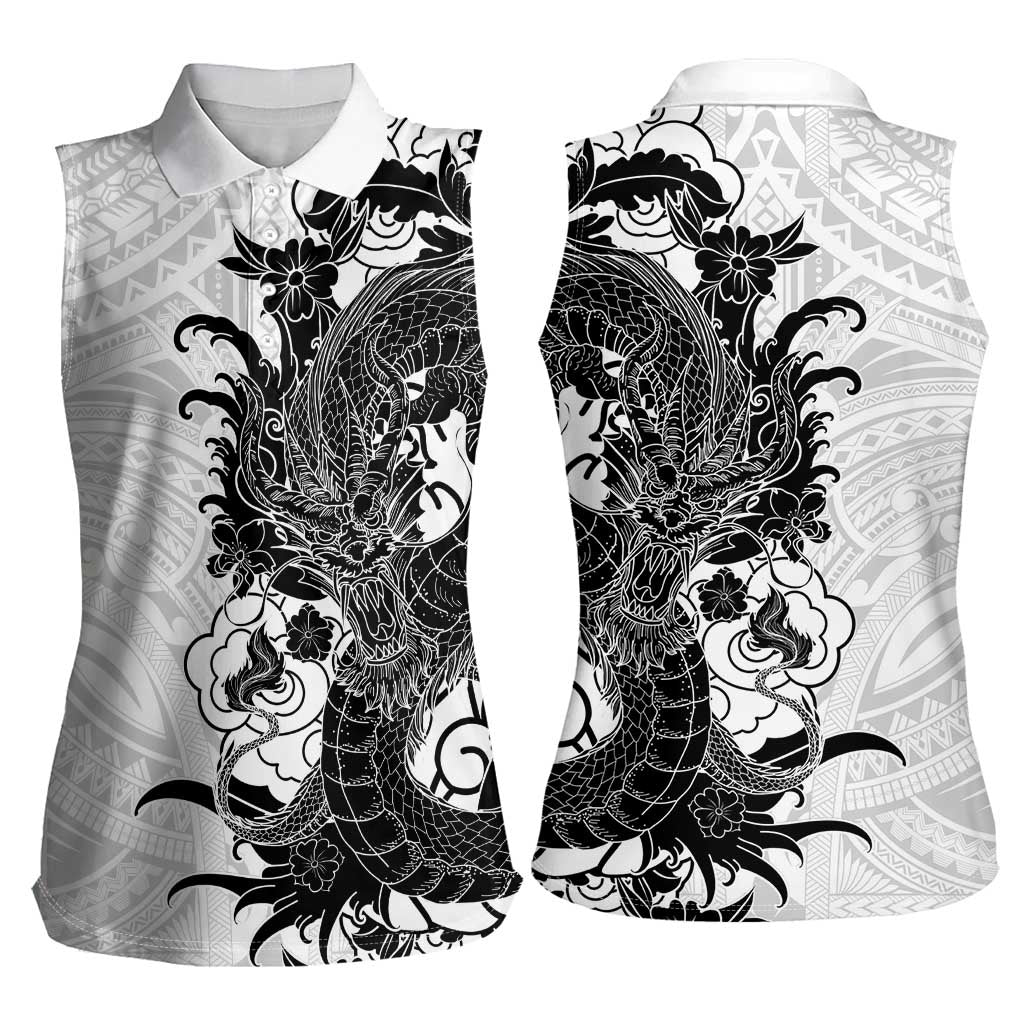 Hawaiian And Japanese Culture Women Sleeveless Polo Shirt Irezumi Dragon With Polynesian Pattern White LT05 - Polynesian Pride
