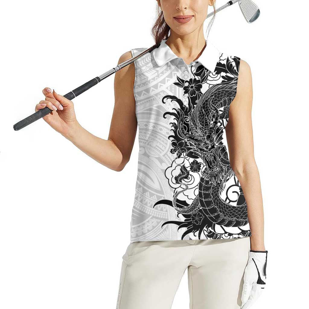 Hawaiian And Japanese Culture Women Sleeveless Polo Shirt Irezumi Dragon With Polynesian Pattern White LT05 - Polynesian Pride