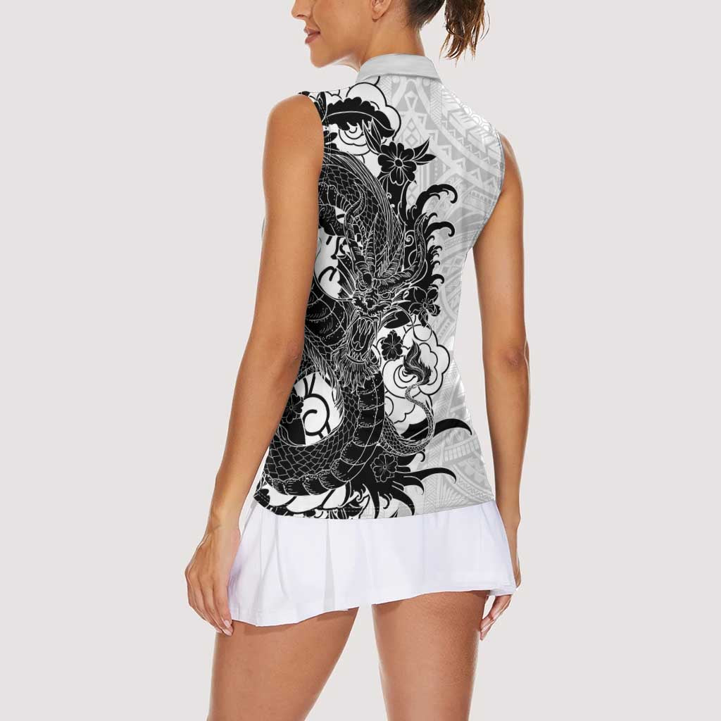 Hawaiian And Japanese Culture Women Sleeveless Polo Shirt Irezumi Dragon With Polynesian Pattern White LT05 - Polynesian Pride