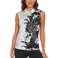 Hawaiian And Japanese Culture Women Sleeveless Polo Shirt Irezumi Dragon With Polynesian Pattern White LT05 - Polynesian Pride