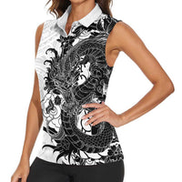 Hawaiian And Japanese Culture Women Sleeveless Polo Shirt Irezumi Dragon With Polynesian Pattern White LT05 - Polynesian Pride