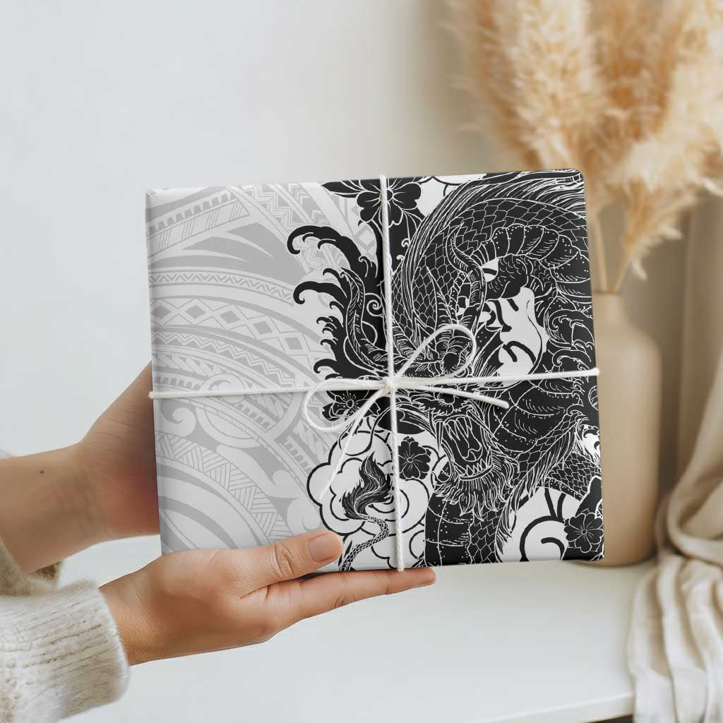 Hawaiian And Japanese Culture Wrapping Paper Irezumi Dragon With Polynesian Pattern White
