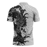 Hawaiian And Japanese Culture Zipper Polo Shirt Irezumi Dragon With Polynesian Pattern White - Polynesian Pride