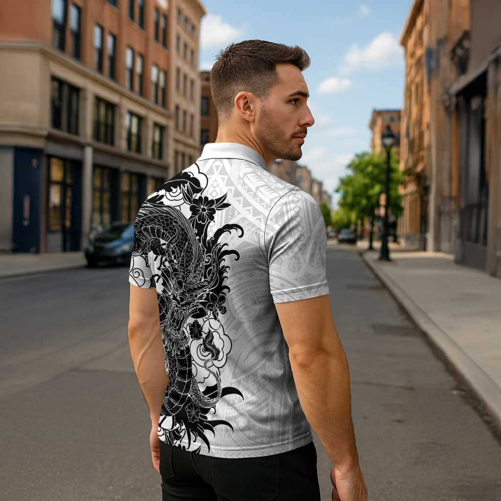 Hawaiian And Japanese Culture Zipper Polo Shirt Irezumi Dragon With Polynesian Pattern White - Polynesian Pride
