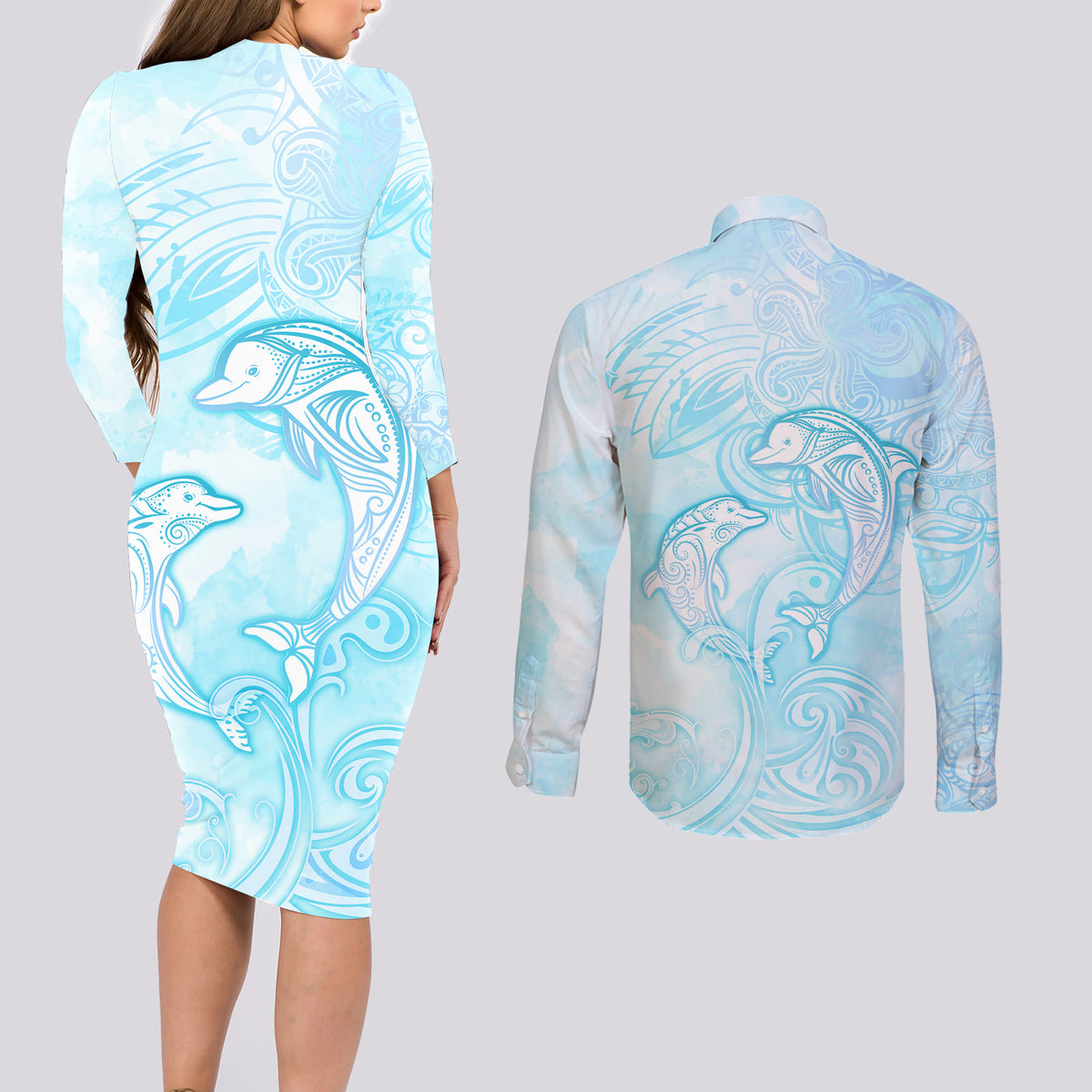 Polynesia Dolphins Under The Sea Couples Matching Long Sleeve Bodycon Dress and Long Sleeve Button Shirt Simple Style LT05 - Polynesian Pride