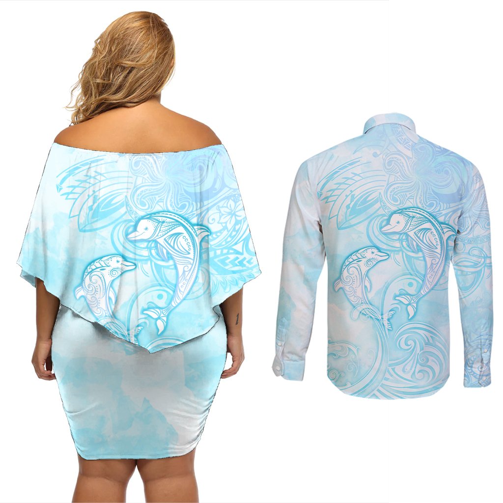 Polynesia Dolphins Under The Sea Couples Matching Off Shoulder Short Dress and Long Sleeve Button Shirt Simple Style LT05 - Polynesian Pride