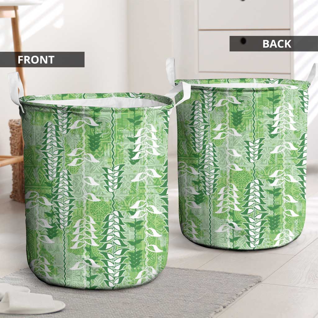 Green Hawaii Tapa Pattern Laundry Basket With Heliconia Vintage Style