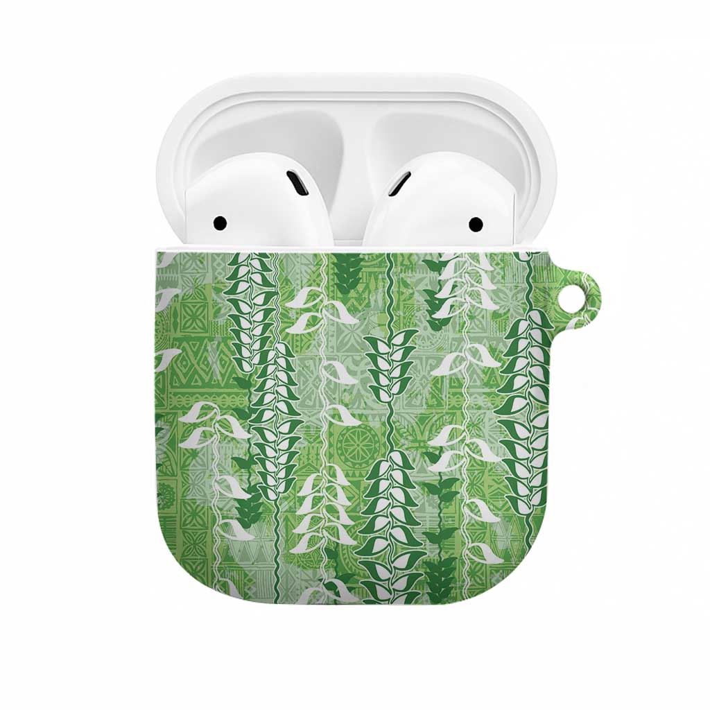 Green Hawaii Tapa Pattern AirPods Case With Heliconia Vintage Style