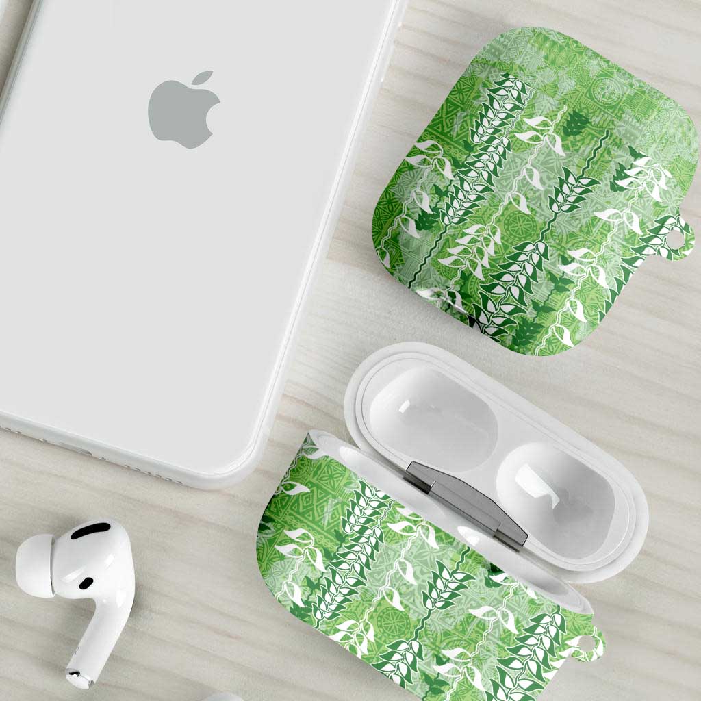 Green Hawaii Tapa Pattern AirPods Case With Heliconia Vintage Style