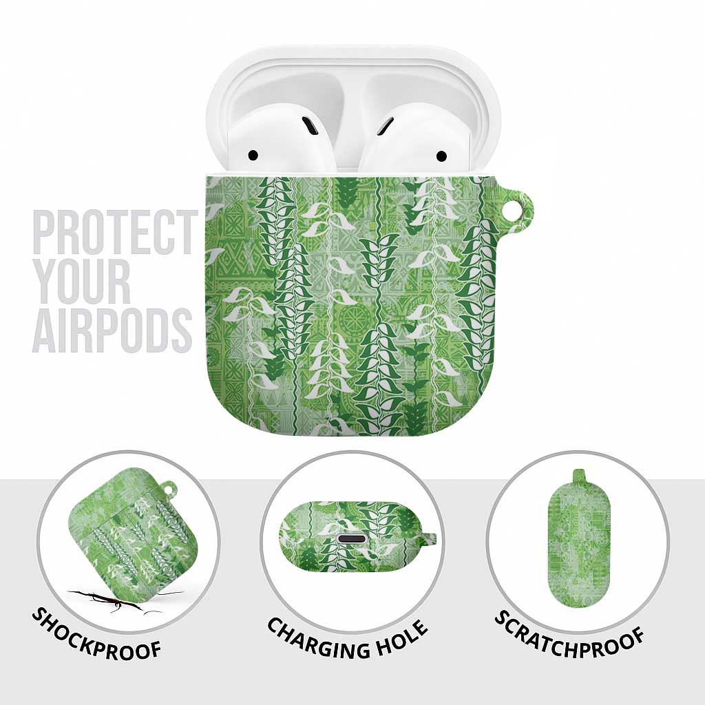 Green Hawaii Tapa Pattern AirPods Case With Heliconia Vintage Style