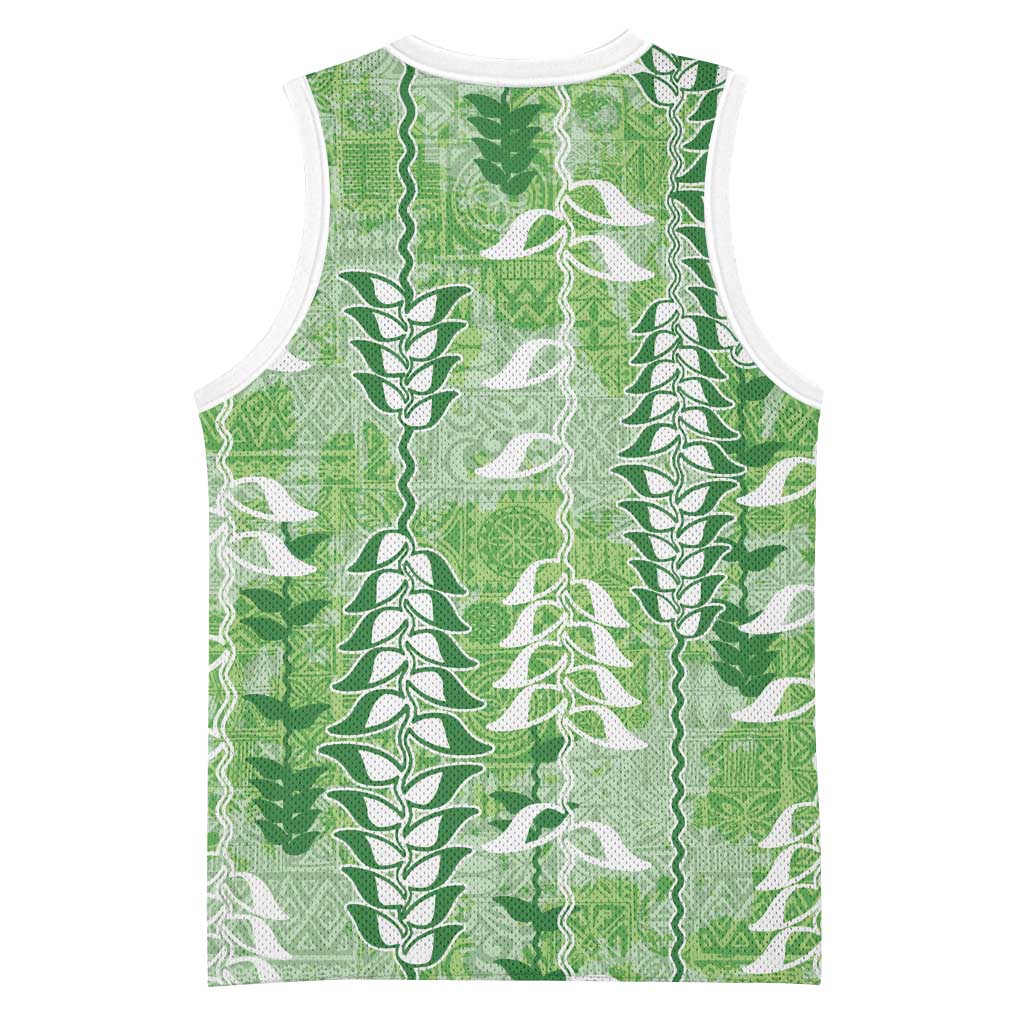 Green Hawaii Tapa Pattern Basketball Jersey With Heliconia Vintage Style