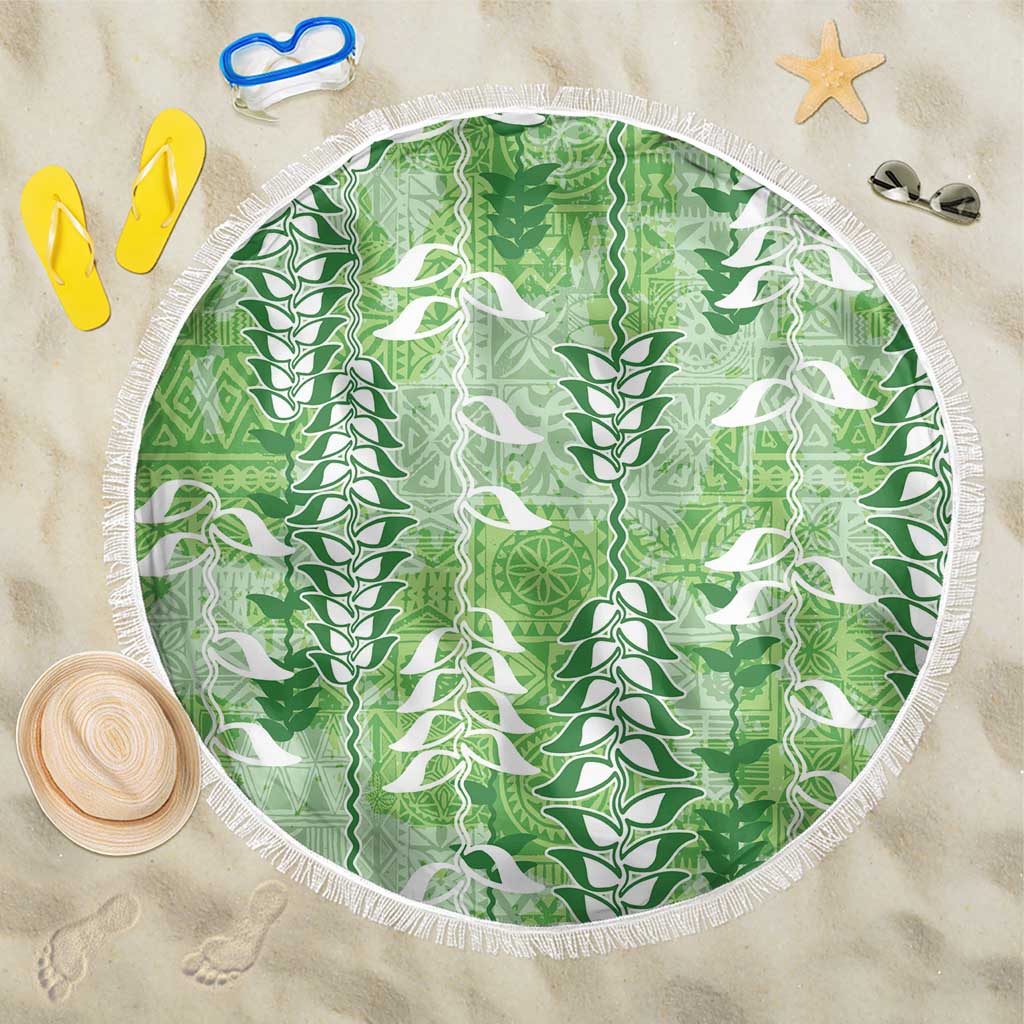 Green Hawaii Tapa Pattern Beach Blanket With Heliconia Vintage Style