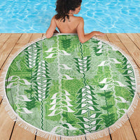 Green Hawaii Tapa Pattern Beach Blanket With Heliconia Vintage Style