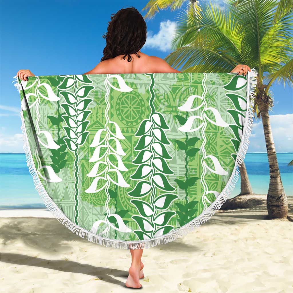 Green Hawaii Tapa Pattern Beach Blanket With Heliconia Vintage Style