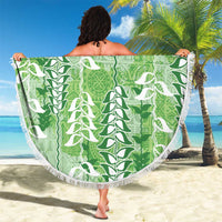 Green Hawaii Tapa Pattern Beach Blanket With Heliconia Vintage Style