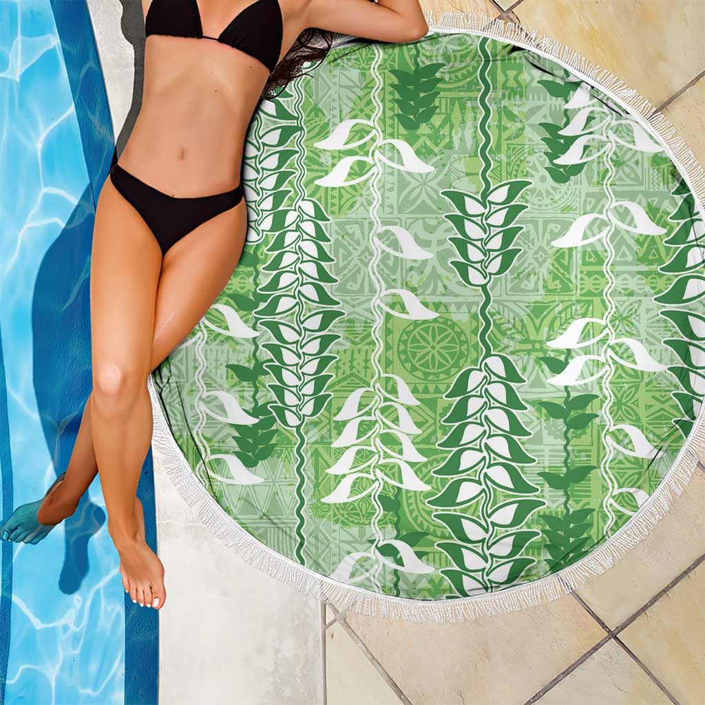 Green Hawaii Tapa Pattern Beach Blanket With Heliconia Vintage Style
