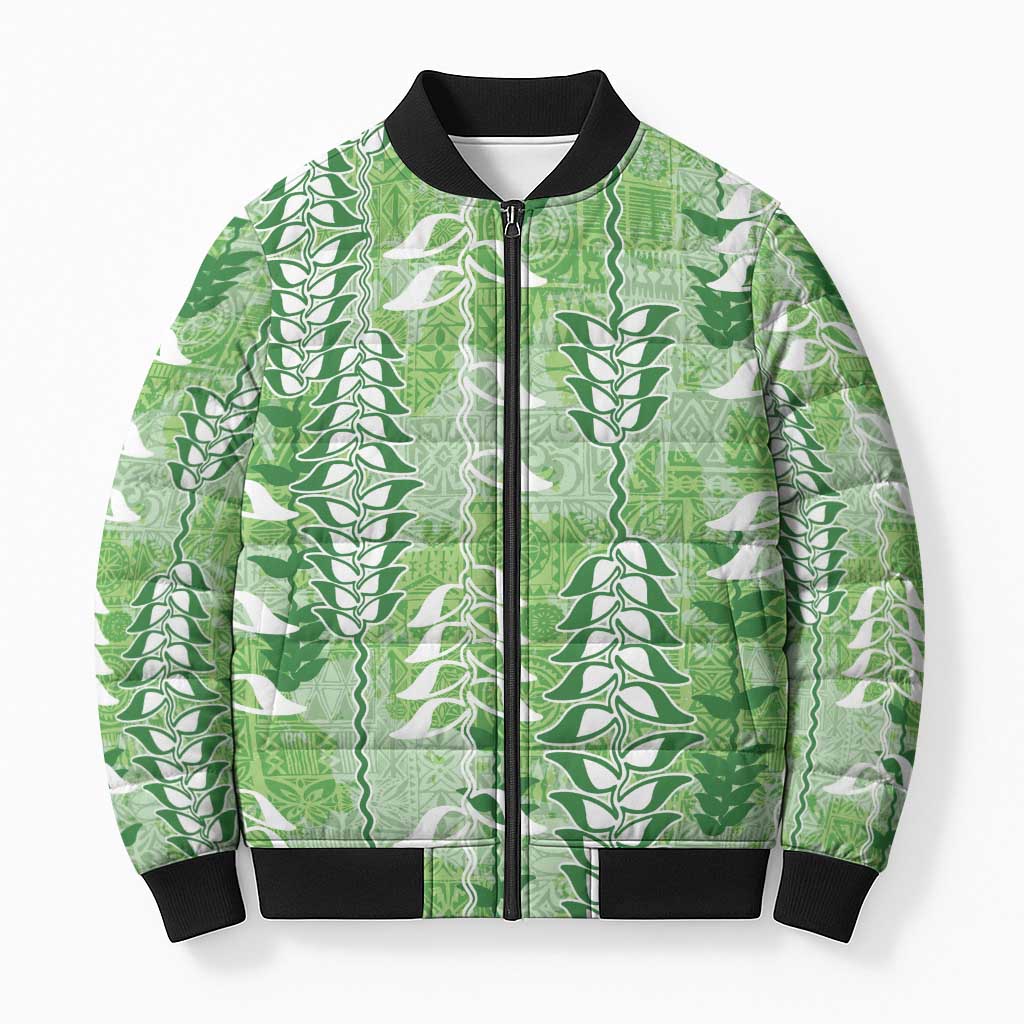Green Hawaii Tapa Pattern Bomber Puffer Jacket With Heliconia Vintage Style