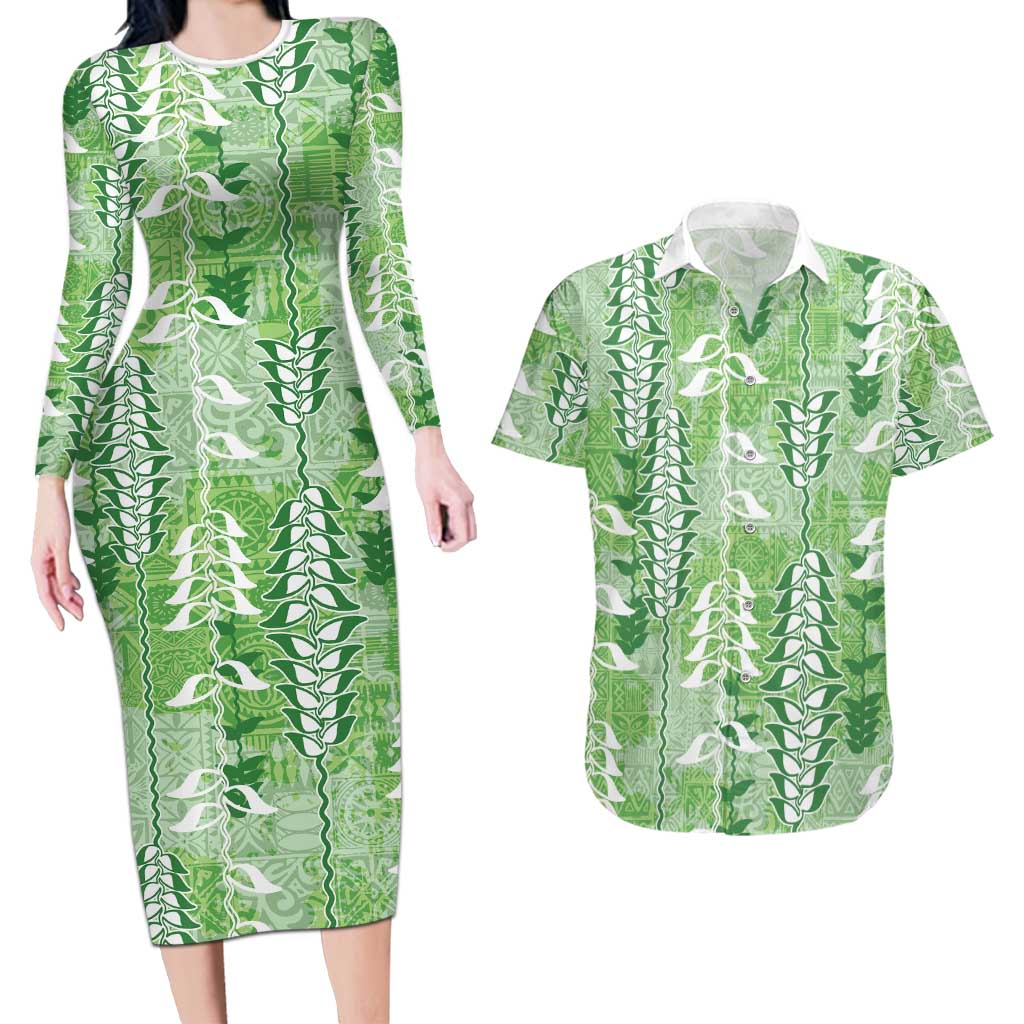 Green Hawaii Tapa Pattern Couples Matching Long Sleeve Bodycon Dress and Hawaiian Shirt With Heliconia Vintage Style LT05 Green - Polynesian Pride