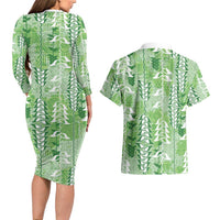 Green Hawaii Tapa Pattern Couples Matching Long Sleeve Bodycon Dress and Hawaiian Shirt With Heliconia Vintage Style LT05 - Polynesian Pride