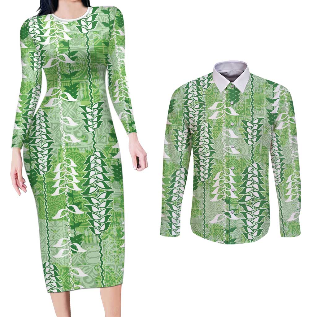 Green Hawaii Tapa Pattern Couples Matching Long Sleeve Bodycon Dress and Long Sleeve Button Shirt With Heliconia Vintage Style LT05 Green - Polynesian Pride
