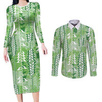 Green Hawaii Tapa Pattern Couples Matching Long Sleeve Bodycon Dress and Long Sleeve Button Shirt With Heliconia Vintage Style LT05 Green - Polynesian Pride