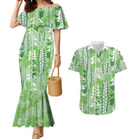 Green Hawaii Tapa Pattern Couples Matching Mermaid Dress and Hawaiian Shirt With Heliconia Vintage Style LT05 Green - Polynesian Pride