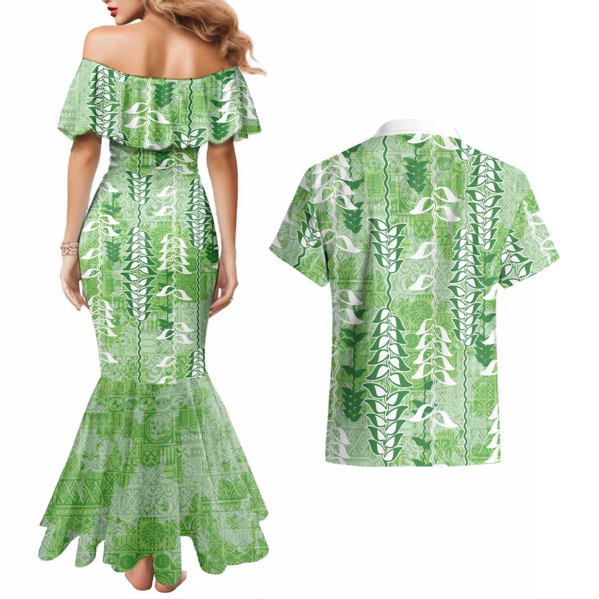 Green Hawaii Tapa Pattern Couples Matching Mermaid Dress and Hawaiian Shirt With Heliconia Vintage Style LT05 - Polynesian Pride