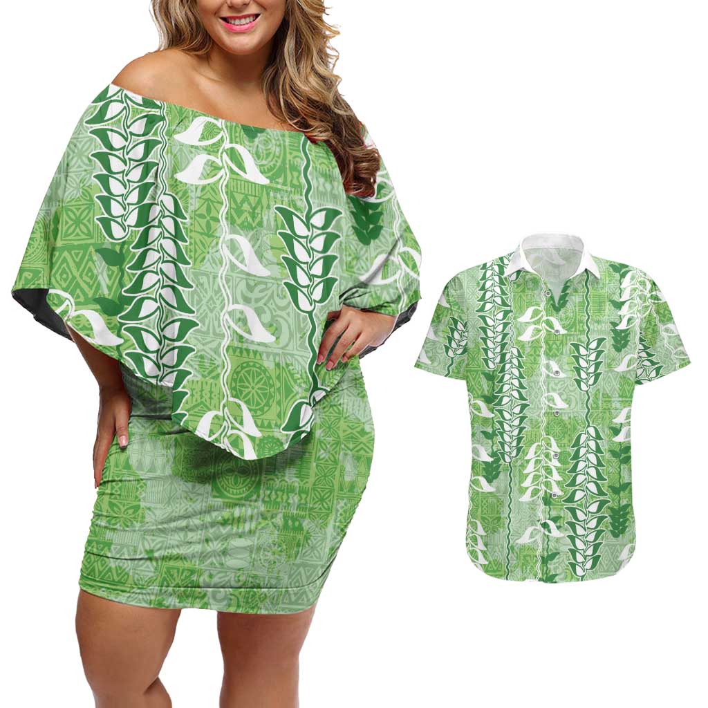 Green Hawaii Tapa Pattern Couples Matching Off Shoulder Short Dress and Hawaiian Shirt With Heliconia Vintage Style LT05 Green - Polynesian Pride