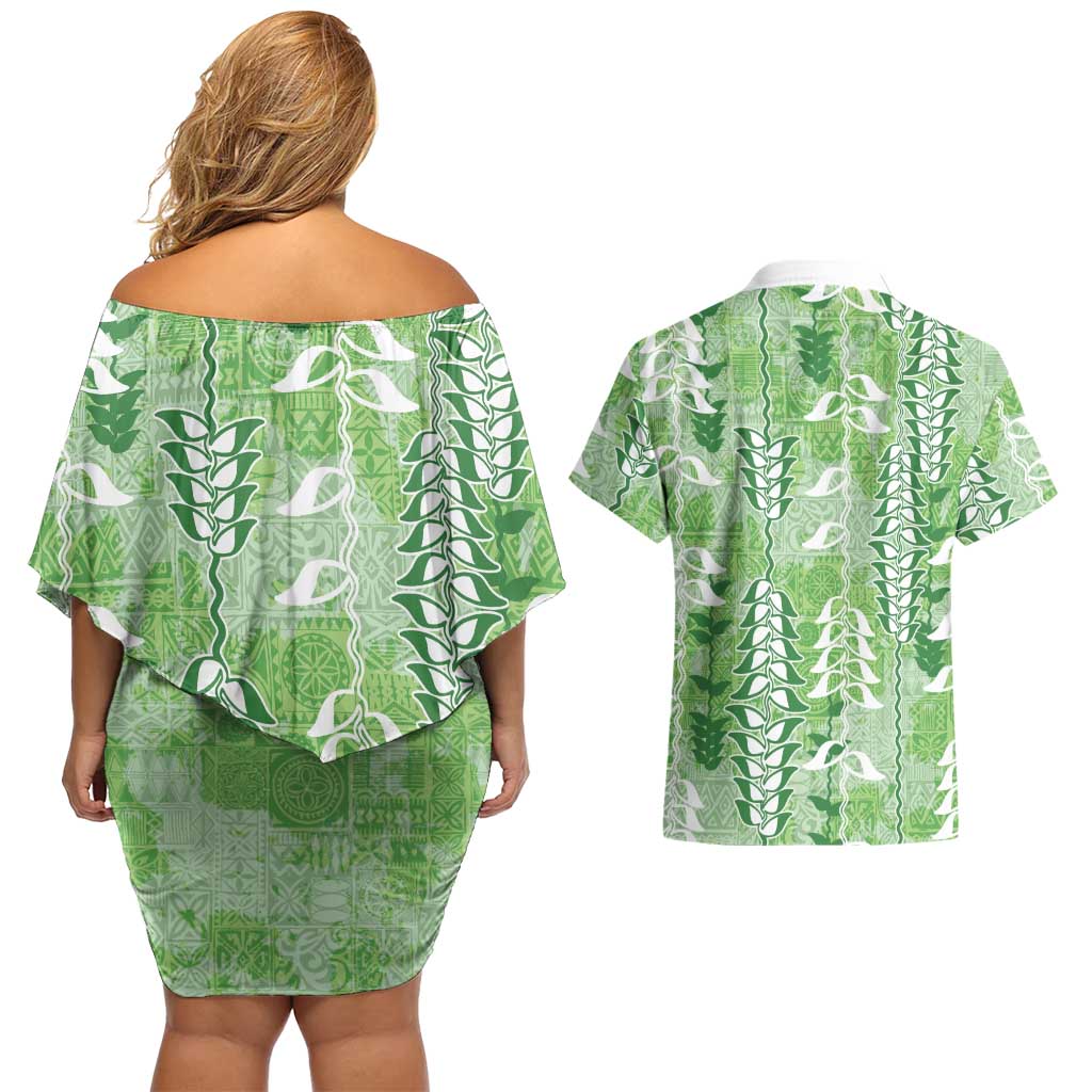 Green Hawaii Tapa Pattern Couples Matching Off Shoulder Short Dress and Hawaiian Shirt With Heliconia Vintage Style LT05 - Polynesian Pride