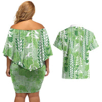 Green Hawaii Tapa Pattern Couples Matching Off Shoulder Short Dress and Hawaiian Shirt With Heliconia Vintage Style LT05 - Polynesian Pride