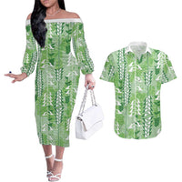 Green Hawaii Tapa Pattern Couples Matching Off The Shoulder Long Sleeve Dress and Hawaiian Shirt With Heliconia Vintage Style LT05 Green - Polynesian Pride