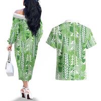 Green Hawaii Tapa Pattern Couples Matching Off The Shoulder Long Sleeve Dress and Hawaiian Shirt With Heliconia Vintage Style LT05 - Polynesian Pride