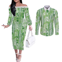 Green Hawaii Tapa Pattern Couples Matching Off The Shoulder Long Sleeve Dress and Long Sleeve Button Shirt With Heliconia Vintage Style LT05 Green - Polynesian Pride