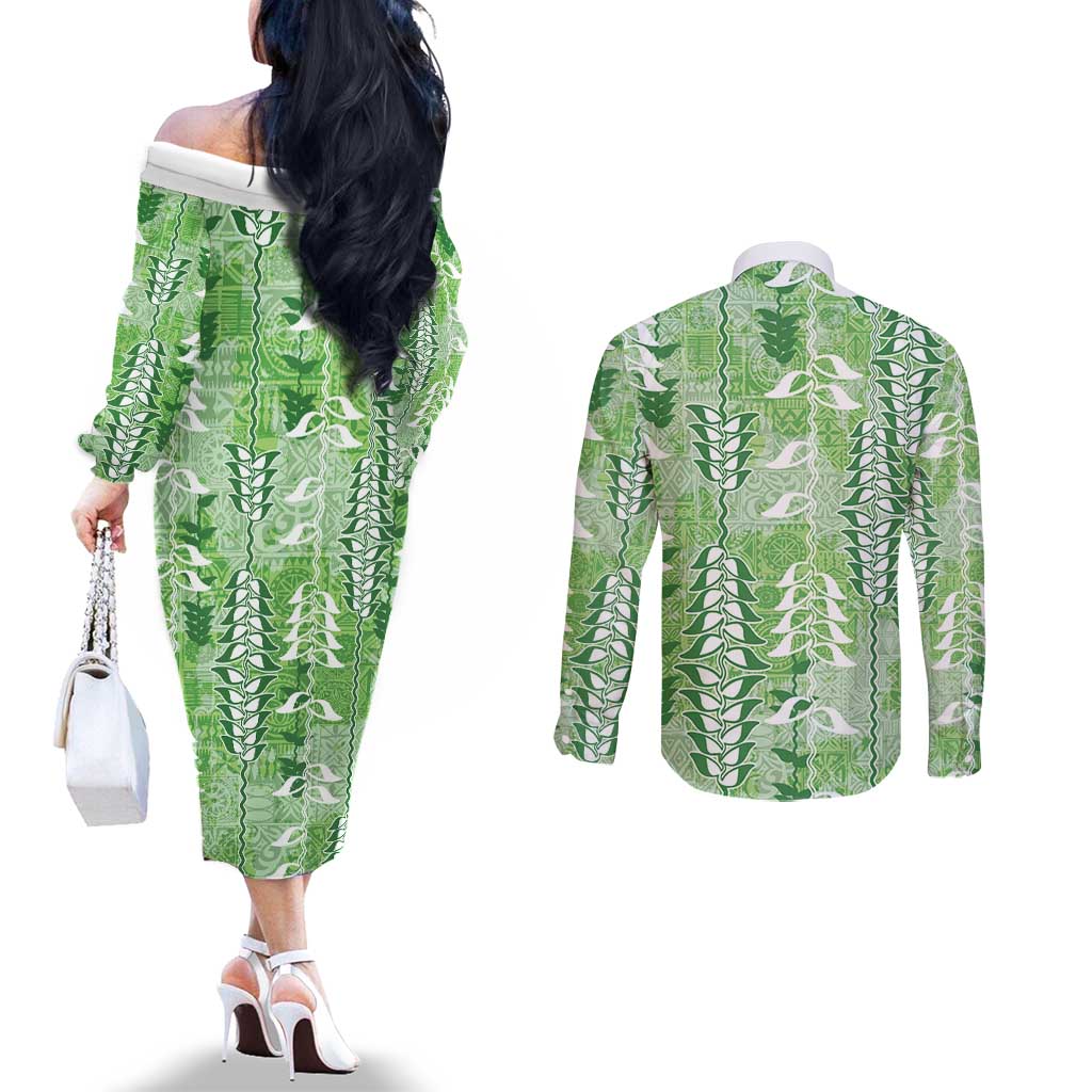 Green Hawaii Tapa Pattern Couples Matching Off The Shoulder Long Sleeve Dress and Long Sleeve Button Shirt With Heliconia Vintage Style LT05 - Polynesian Pride