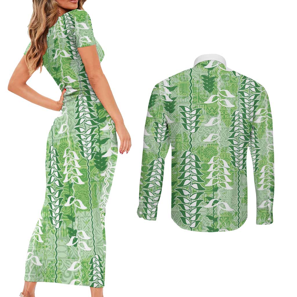 Green Hawaii Tapa Pattern Couples Matching Short Sleeve Bodycon Dress and Long Sleeve Button Shirt With Heliconia Vintage Style LT05 - Polynesian Pride