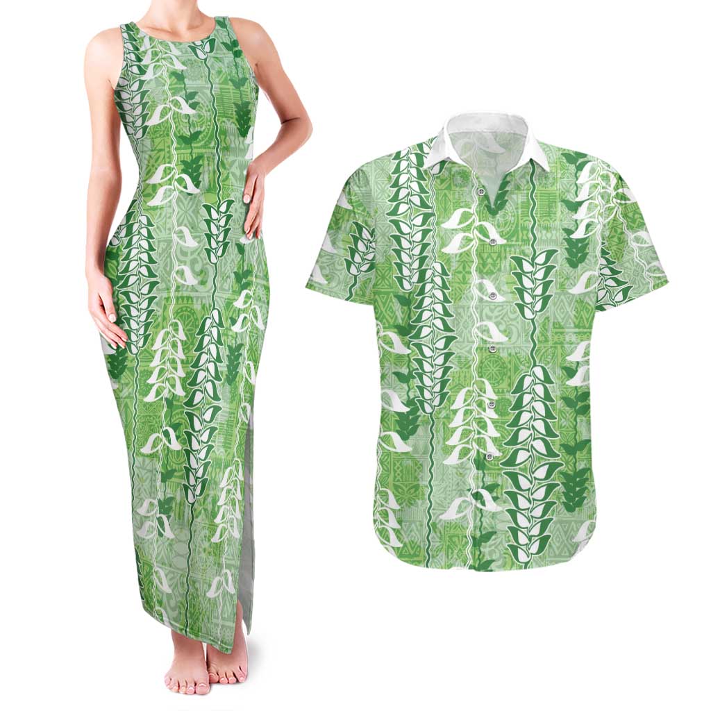 Green Hawaii Tapa Pattern Couples Matching Tank Maxi Dress and Hawaiian Shirt With Heliconia Vintage Style