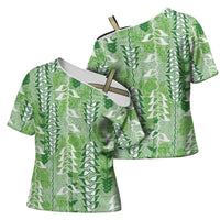 Green Hawaii Tapa Pattern Cross Shoulder Shirt With Heliconia Vintage Style