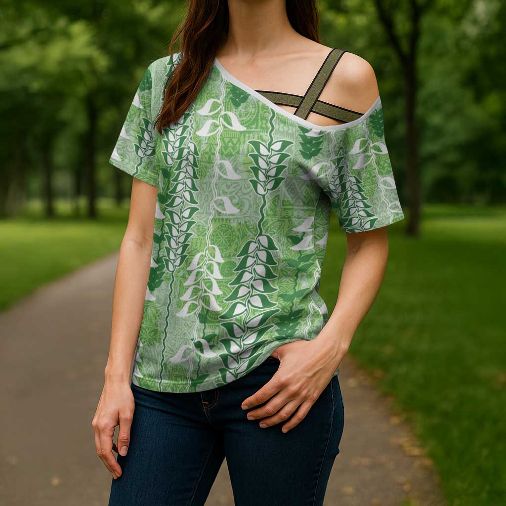 Green Hawaii Tapa Pattern Cross Shoulder Shirt With Heliconia Vintage Style