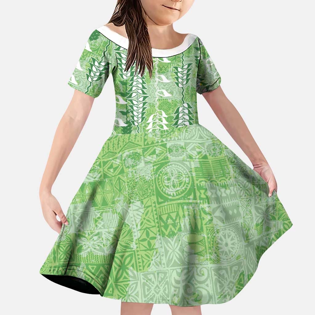 Green Hawaii Tapa Pattern Family Matching Long Sleeve Bodycon Dress and Hawaiian Shirt With Heliconia Vintage Style LT05 Daughter's Dress Green - Polynesian Pride