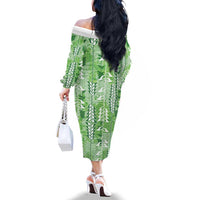 Green Hawaii Tapa Pattern Family Matching Off The Shoulder Long Sleeve Dress and Hawaiian Shirt With Heliconia Vintage Style LT05 - Polynesian Pride