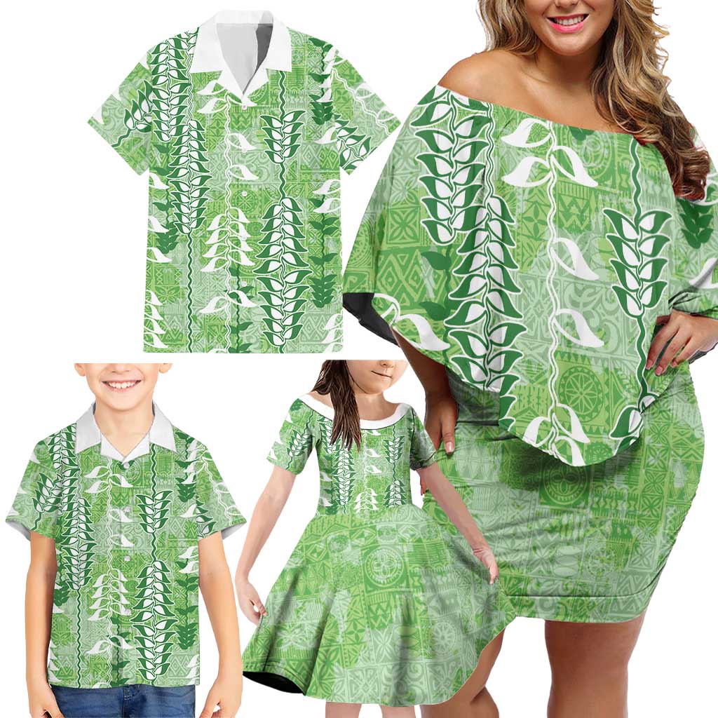Green Hawaii Tapa Pattern Family Matching Off Shoulder Short Dress and Hawaiian Shirt With Heliconia Vintage Style LT05 - Polynesian Pride