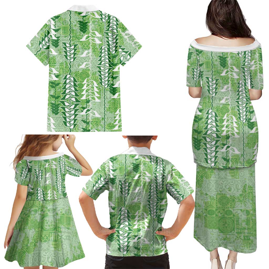 Green Hawaii Tapa Pattern Family Matching Puletasi and Hawaiian Shirt With Heliconia Vintage Style LT05 - Polynesian Pride