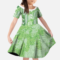 Green Hawaii Tapa Pattern Family Matching Short Sleeve Bodycon Dress and Hawaiian Shirt With Heliconia Vintage Style LT05 Daughter's Dress Green - Polynesian Pride