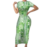 Green Hawaii Tapa Pattern Family Matching Short Sleeve Bodycon Dress and Hawaiian Shirt With Heliconia Vintage Style LT05 Mom's Dress Green - Polynesian Pride
