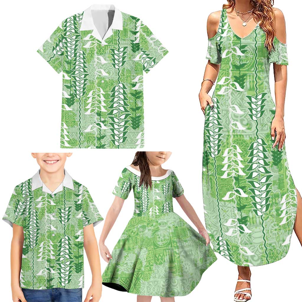 Green Hawaii Tapa Pattern Family Matching Summer Maxi Dress and Hawaiian Shirt With Heliconia Vintage Style LT05 - Polynesian Pride