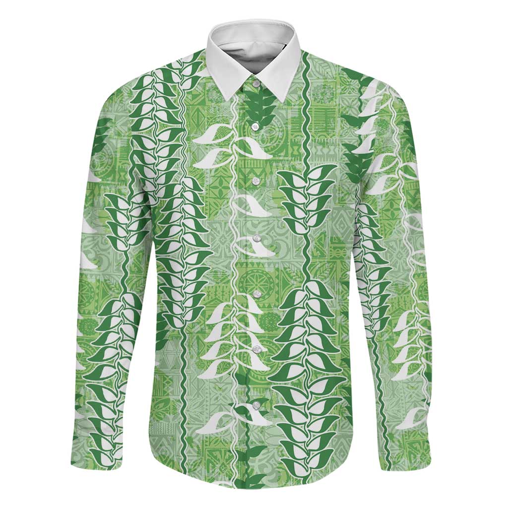 Green Hawaii Tapa Pattern Family Matching Summer Maxi Dress and Hawaiian Shirt With Heliconia Vintage Style LT05 Dad's Shirt - Long Sleeve Green - Polynesian Pride